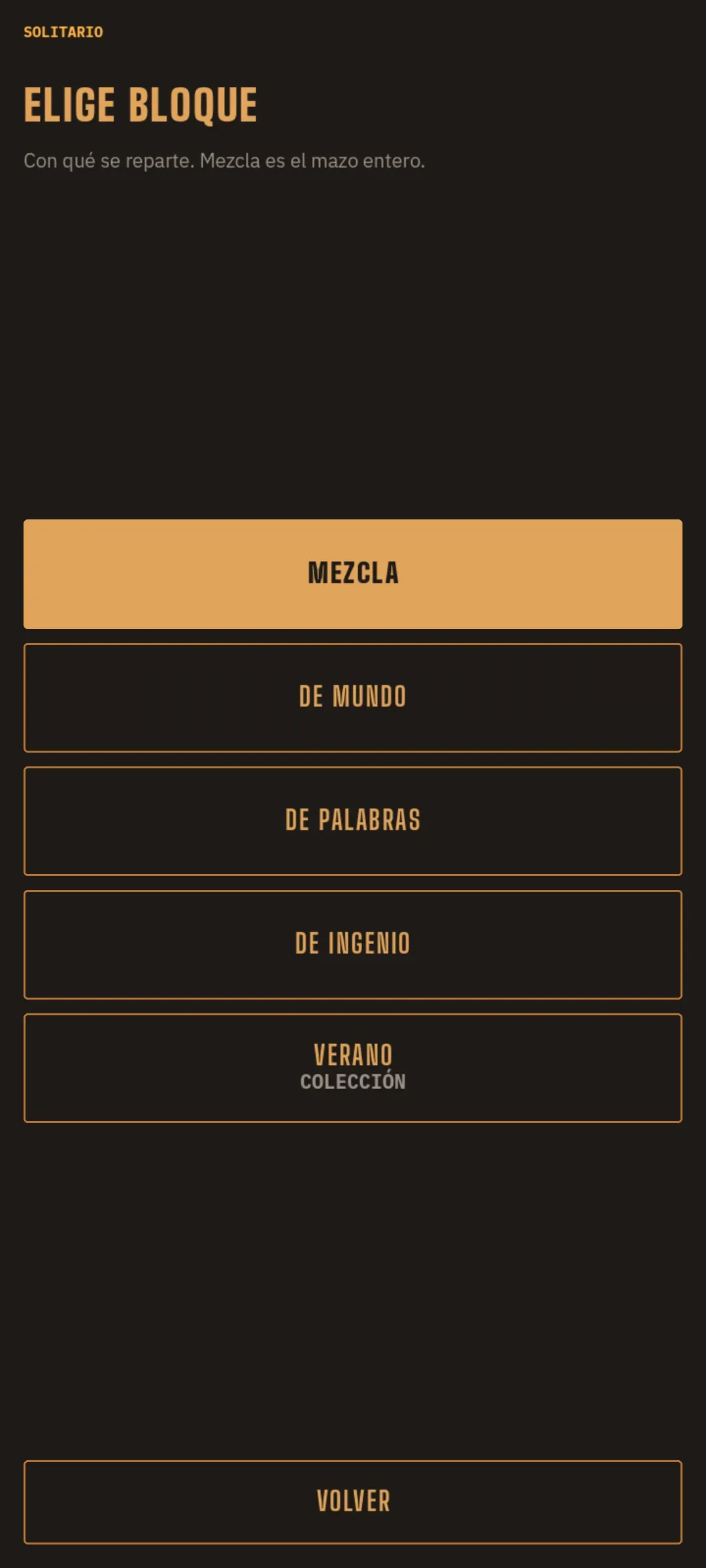 Pantalla de selección de bloque con mezcla, de mundo, de palabras, de ingenio y la colección de verano