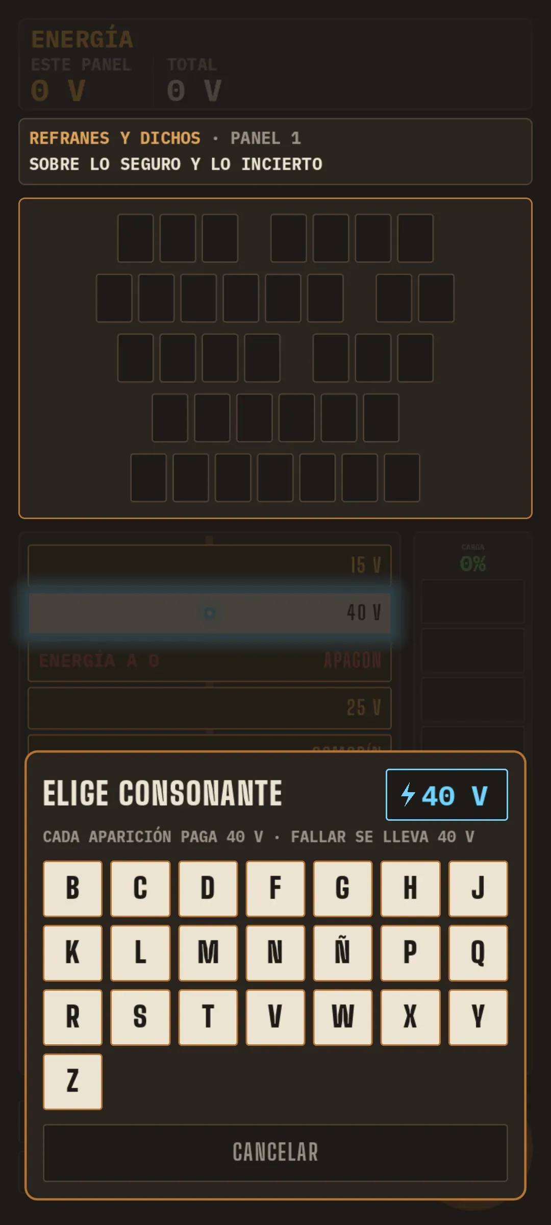 Bandeja de consonantes con el valor del nivel en la esquina