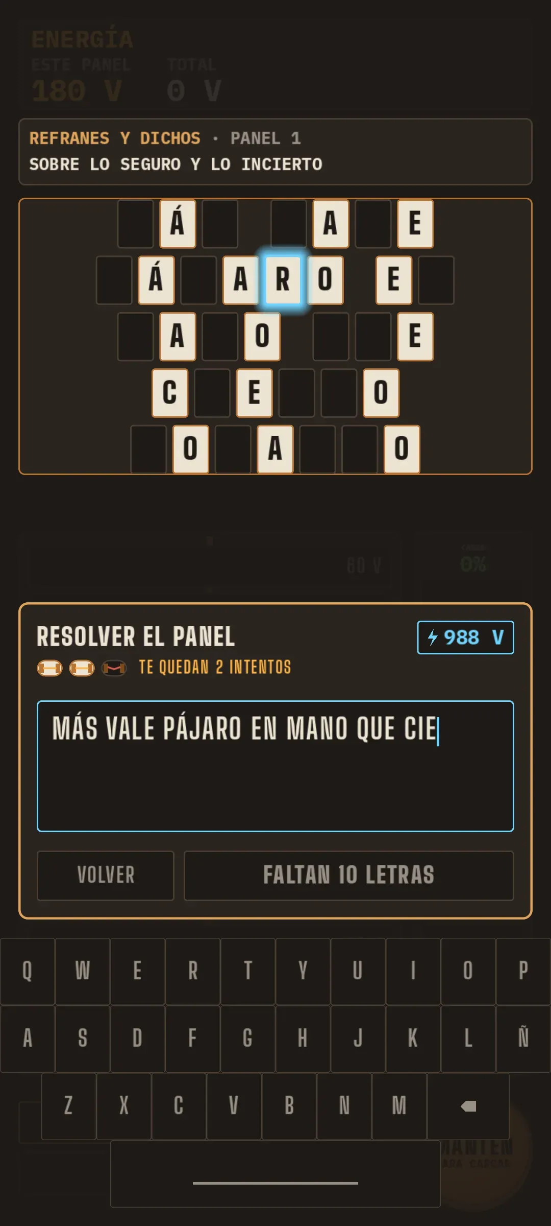 Pantalla de resolver el panel con el teclado abierto